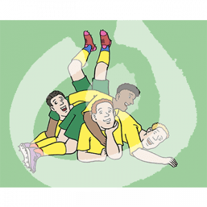 Vier fröhliche Männer in gelben Trikots liegen aufeinander.