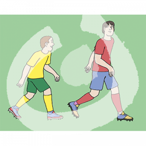 Ein Mann in gelbem Trikot läuft hinter einem Mann in rotem Trikot her.