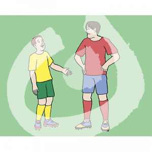 Ein Mann in gelben Trikot steht neben einem wütenden Mann in rotem Trikot.