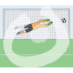 Ein Mann in orangenem Trikot und Handschuhen springt im Tor einem Ball hinterher.