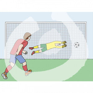 Ein Mann in rotem Fußballtrikot schießt einen Ball auf ein Tor. Darin springt ein Mann in gelbem Trikot und Handschuhen in Richtung Ball.