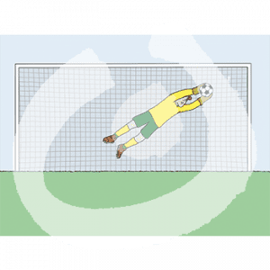 Ein Mann in gelbem Trikot und Handschuhen fängt im Tor im Springen einen Ball.