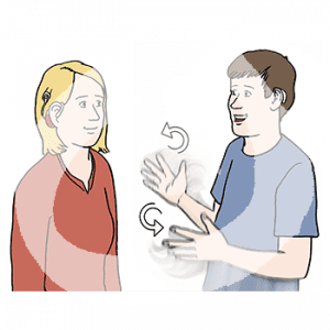 Eine Person mit Cochlea-Implantat guckt zu einer Person die gebärdet.