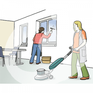 Zwei Personen in einem Raum. Die erste Person in grauem Kittel bedient eine Bodenreinigungsmaschine. Die zweite Person in Schürze zieht die Fenster mit einem Abzieher ab.