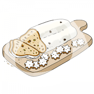 Ein Brett mit aufgeschnittenem Stollen und Zimtsternen.