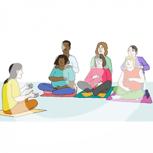 Eine Person sitzt auf einer Matte. Sie guckt auf drei Schwangere, die auf Matten sitzen und ihre Bäuche halten. Dahinter kniet jeweils eine Person und legt die Hände auf die Schultern einer Schwangeren.