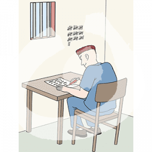 Eine Person in Sträflingskleidung sitzt an einem Tisch und schreibt einen Brief. Das Fenster ist vergittert.