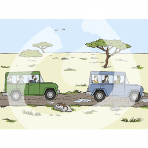 Zwei Geländewagen mit Insassen fahren durch die Steppe.