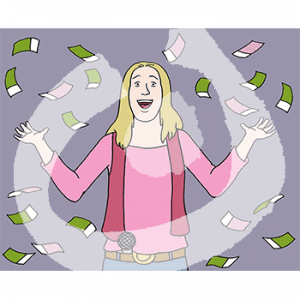 Eine fröhliche Person mit ausgestreckten Armen. Um sie herum fliegen Geldscheine.