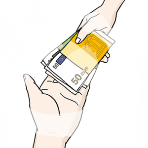 Eine Hand legt Geldscheine in eine ausgestreckte Hand.