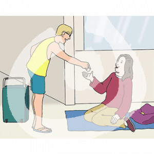 Eine Person sitzt auf einer Decke vor einem Gebäude. Eine andere Person mit Koffer reicht ihr Geld.