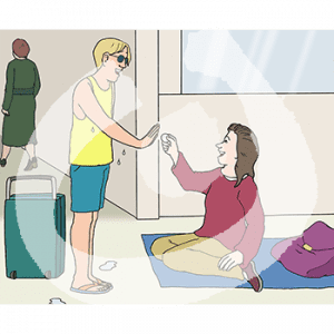 Eine Person sitzt auf einer Decke vor einem Gebäude. S hält einer anderen Person mit Koffer eine Münze hin. Die andere Person hält abwehrend die Hand nach vorn.