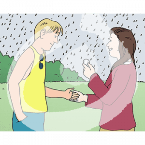 Zwei Personen stehen voreinander im Regen. Eine Person hält mit einer Hand die Handfläche der anderen offen und in der anderen Hand eine Münze.