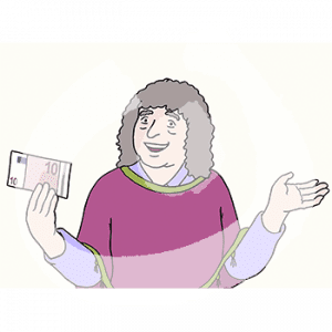 Eine Person in Portraitansicht mit ausgestreckten Armen. In einer Hand hält sie einen Geldschein.