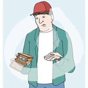 Eine traurige Person hält in einer Hand ein offenes Portemonnaie mit zwei Münzen. In der anderen Hand hält sie eine weitere Münze.