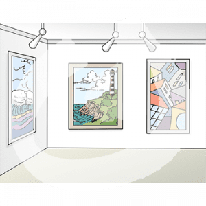 Drei von Scheinwerfern angestrahlte Gemälde an einer Wand.