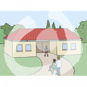 Zwei Personen laufen auf ein Gebäude zu. Eine weitere Person im Rollstuhl wird geschoben.