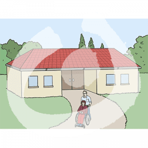 Eine Person schiebt eine Person im Rollstuhl von einem Gebäude weg.