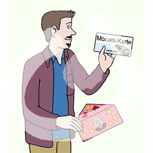 Eine Person hält einen Umschlag in der einen Hand. In der anderen hält sie eine Karte mit der Aufschrift: Monatskarte und dem Bild einer Bahn.