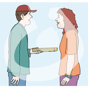 Zwei Personen stehen sich gegenüber. Eine Person hält eine Pizzaschachtel in den Händen.