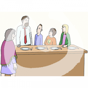 Ein Mann und drei Kinder stehen hinter der Theke einer Bar. Auf der Theke stehen Teller und Gabeln. Davor steht eine Frau.