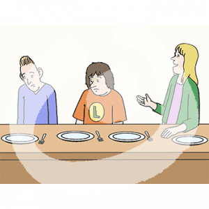 Zwei traurige Kinder stehen hinter der Theke einer Bar. Auf der Theke stehen Teller und Gabeln. Daneben steht ein fröhliches Kind.