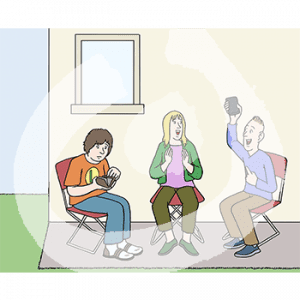 Drei Personen auf Stühlen sitzen nebeneinander vor einem Gebäude. Eine Person guckt traurig in ein Portemonnaie, die mittlere klatscht fröhlich in die Hände, die dritte hebt fröhlich ein Portemonnaie in die Luft.