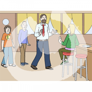 Zwei Kinder laufen hinter einem Mann auf eine an der Theke einer Bar sitzenden Person zu.