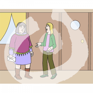 Zwei Personen stehen nebeneinander. Eine Person hat einen offenen Mund.