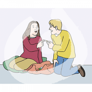 Zwei Personen sitzen auf dem Bode. Eine Person reicht der anderen eine Zigarette.