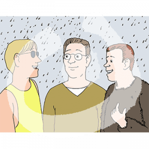 Drei Personen stehen in Portraitansicht im Regen und gucken sich an.