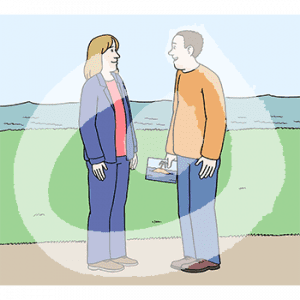 Eine Frau und ein Mann stehen sich gegenüber. Im Hintergrund ist Wasser. Er hält eine Karte in der Hand mit Wasser und einer Palme auf einer Sandbank.