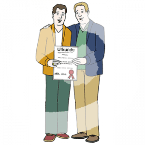 Zwei Männer stehen Arm in Arm nebeneinander. Sie halten ein Dokument mit der Überschrift: Urkunde in den Händen.