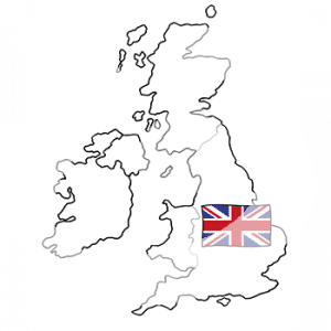 Umriss von Großbritannien In der Mitte ist die britische Flagge.