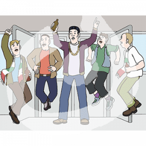 Fünf wütende Männer mit Bierflaschen stehen im Eingangsbereich einer Bahn. Ein Mann hat die Hände erhoben, vier springen in die Luft.