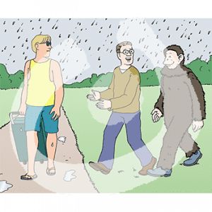 Eine Person in Alltagskleidung und eine Person in Affenkostüm gehen im Regen auf einen Mann zu. Er läuft mit einem Koffer auf einem Weg.