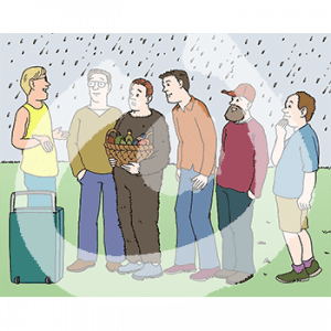 Fünf Personen stehen im Regen auf einer Wiese. Eine Person in Affenkostüm ohne Kopfbedeckung hält einen Korb mit Gegenständen fest. Alle gucken zu einem Mann mit Koffer der gegenüber steht.