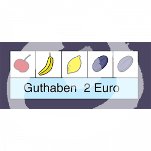 Ein Bildschirm mit fünf Symbolen von Obst. Zwei sind gleich, darunter der Text: Guthaben 2 Euro.