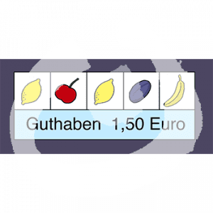 Ein Bildschirm mit fünf Symbolen von Obst. Zwei sind gleich, darunter der Text: Guthaben 1,50 Euro.