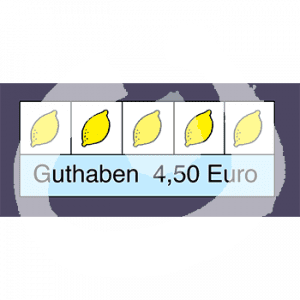 Ein Bildschirm mit fünf Symbolen vom gleichen Obst. Darunter der Text: Guthaben 4,50 Euro.