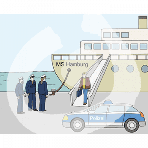 Eine Person mit Koffer verlässt ein großes Schiff. Am Pier stehen drei Personen in Polizeiuniform und ein Polizeitauto.