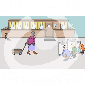 Drei Personen hocken auf einem Pier hinter zwei Tonnen. Eine Person mit Bollerwagen läuft auf ein Hausboot zu.