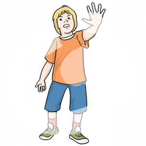 Ein wütendes Kind hält eine Hand mit ausgestrecktem Arm nach vorne.