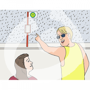 Zwei Personen stehen im Regen nebeneinander. Eine Person zeigt auf eine Bushaltestelle.