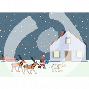 Ein Haus bei Nacht im Schnee. Eine Person in Weihnachtsmannuniform, zwei Rentiere und ein Hund gehen auf das Haus zu. Daneben steht ein Schlitten.