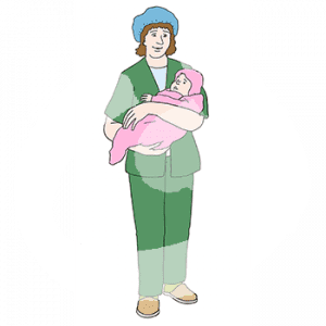 Eine Person mit OP-Kleidung und OP-Haube hält ein eingewickeltes Baby.