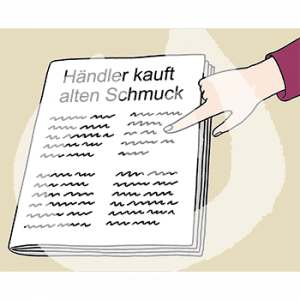 Ein Finger zeigt auf eine Zeitung mit der Überschrift: Händler kauft alten Schmuck.