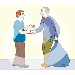 Zwei Personen geben sich die Hand. Eine hält einen großen, vollen Müllsack.