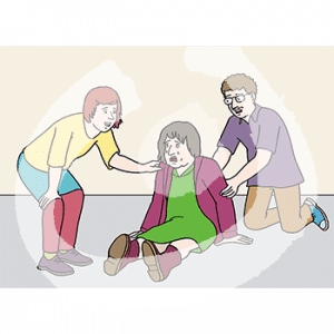 Eine weinende Person sitzt auf dem Boden. Dahinter kniet eine Person und hält einen ihrer Arme. Eine andere Person steht auf der anderen Seite über ihr gebeugt und hält ihren anderen Arm.