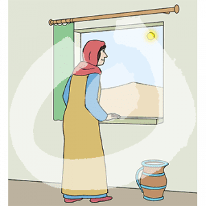 Eine Frau in historischem Gewand und Kopftuch. Sie guckt aus dem Fenster in die Wüste.